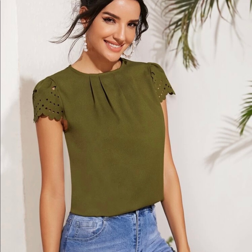 SHEIN laser cut army green top